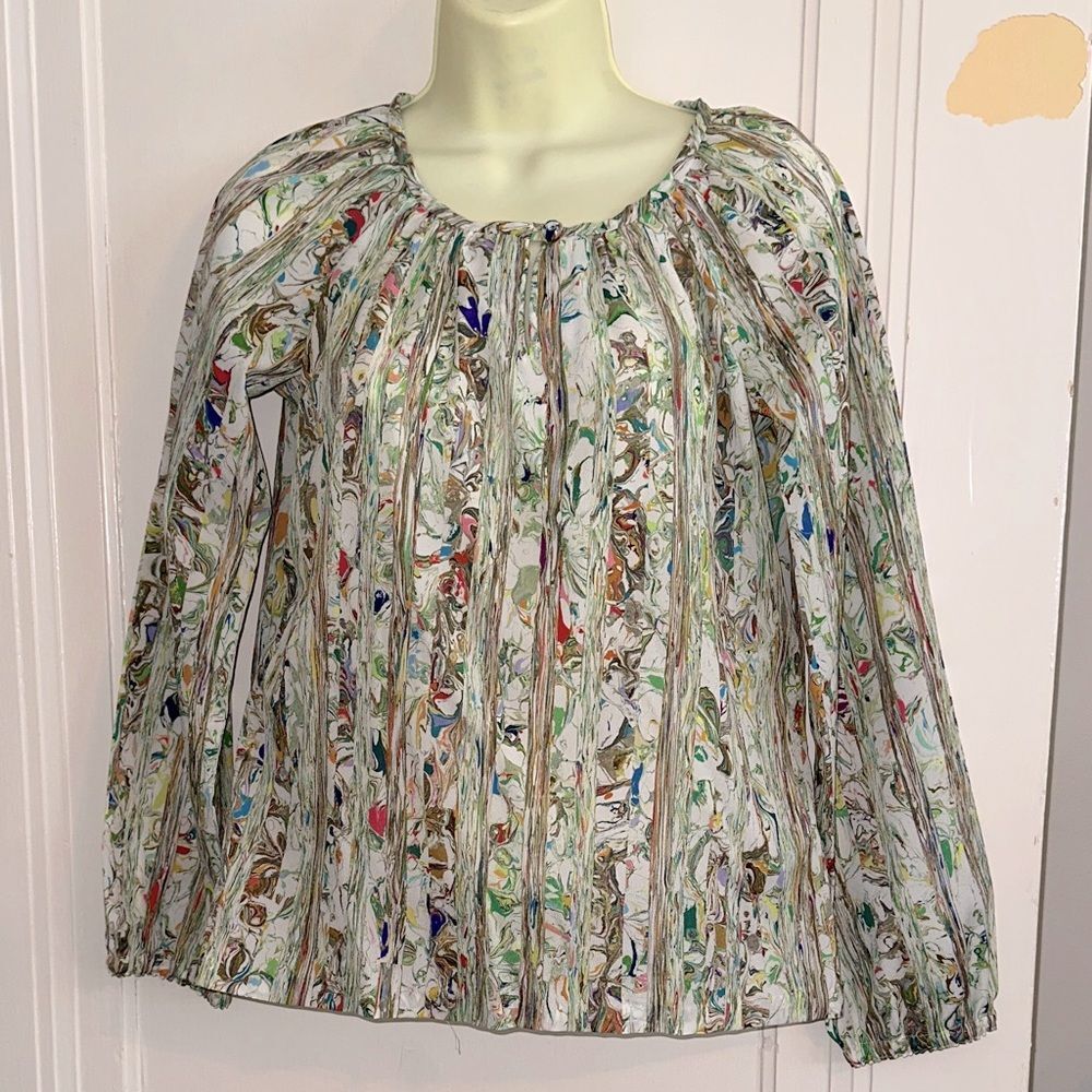 Vtg 70s/80s Handmade Marble Swirl Multicolor Long Sleeve Thin‎ Polyester Blouse